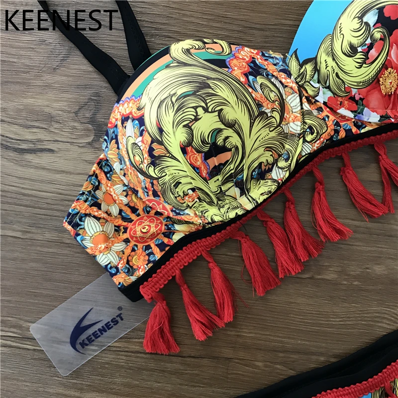 KEENEST сексуальный цветочный принт Высокая талия Купальник бикини пуш-ап купальники для женщин Винтаж кисточкой