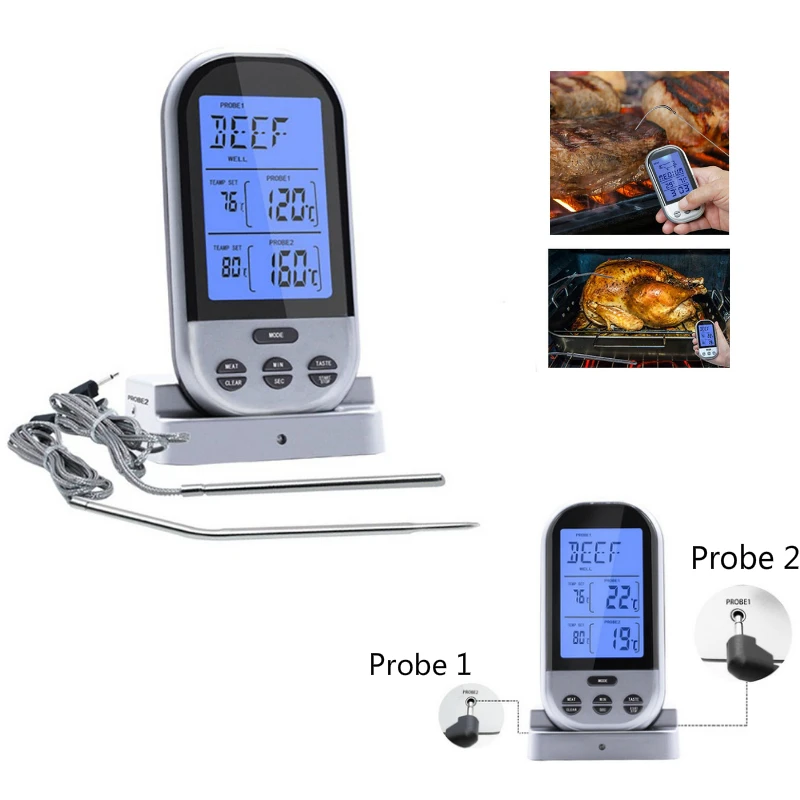 Беспроводной кухонный цифровой пищевой термометр с двумя зондами таймер