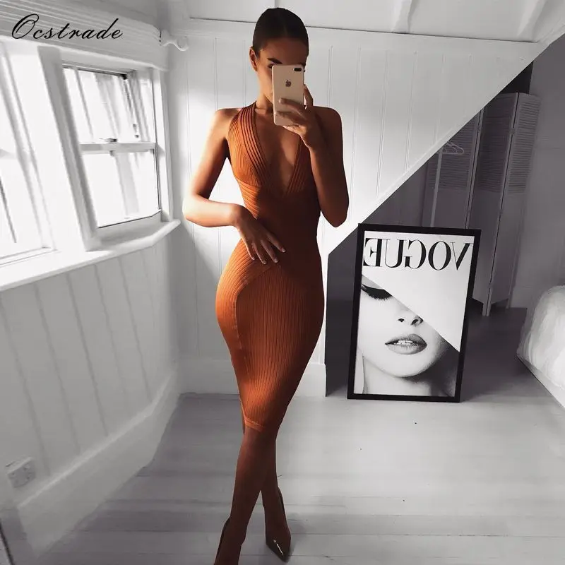 Ocstrade, женское летнее сексуальное платье, платье для вечеринки, vestidos, Новое поступление, тоффи с глубоким v-образным вырезом, облегающее Бандажное платье, Клубное, размер XL