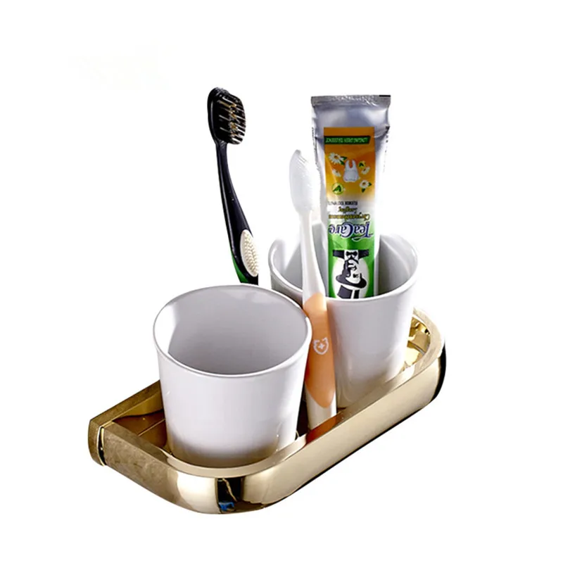 

Free shipping Gold color Luxury bathroom accessories copper toothbrush cup holder double tumbler holder with ceramic cups