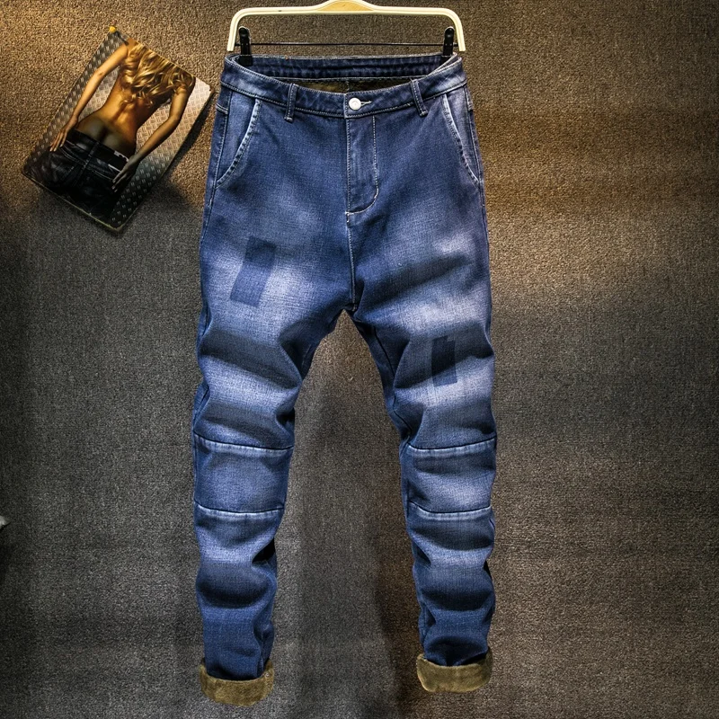 Мужские зимние серые джинсы толстые теплые высококачественные мужские