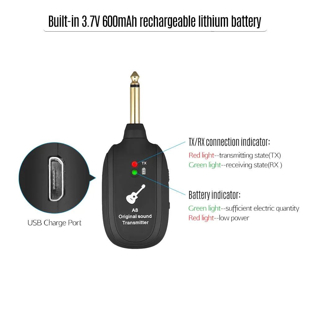 

Professional UHF Wireless Guitar Transmitter Receiver System Built-in Battery 50M Transmission Range for Electric Guitar Bass