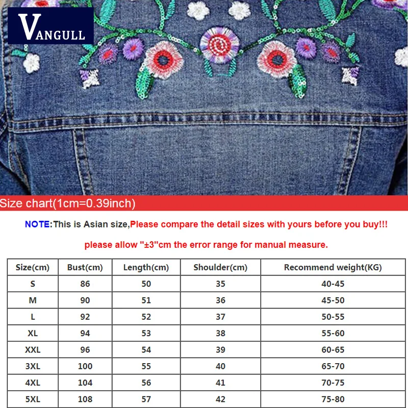 Vangull размера плюс 5XL цветочное женское джинсовое пальто с вышивкой короткая Базовая женская джинсовая куртка тонкая Цветочная верхняя одежда куртки Новинка