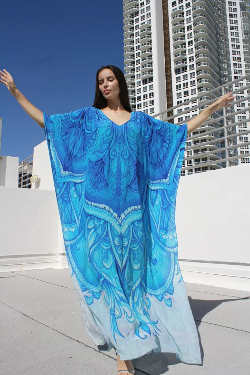 Fitshinling большой размер накидка купальный костюм-накидка пляжное платье Бохо принт рукав летучая мышь макси платья женские летний халат парео распродажа