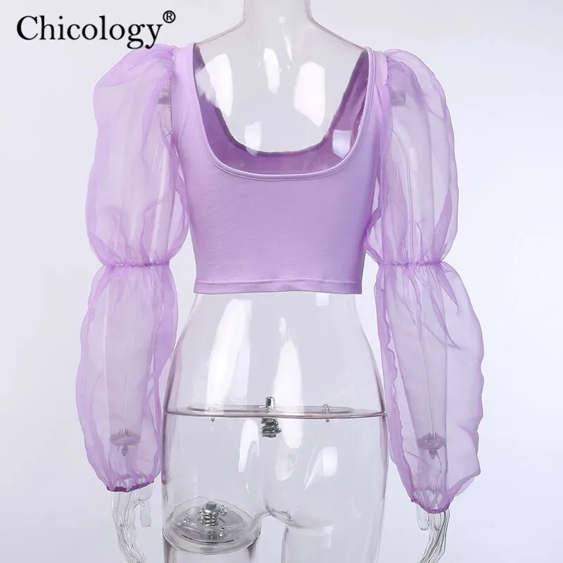 Женская сетчатая блузка Chicology укороченный Топ с длинным рукавом пикантная