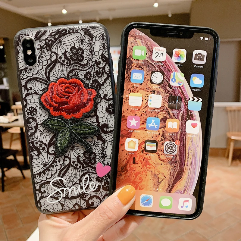 Модный чехол с длинным ремешком и кружевной вышивкой розы для iPhone XS MAX X 6s 7 8 XR Plus 6 5