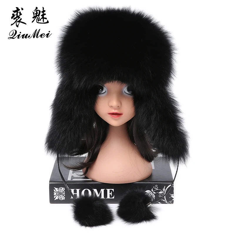 Real Fox Fur Bomber Hats For Children Luxury Warm Raccoon Fur Caps Bombers Fur Winter Russian Trapper Hat for Girls Boys Ushanka