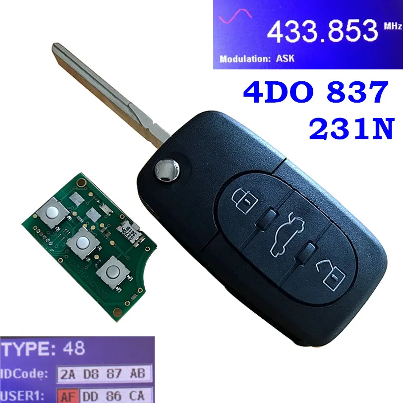 Для AUDI A3 A6 A8 TT Allroad Quttro Новый 3 кнопочный флип ключ дистанционный брелок 433 92 МГц ID48