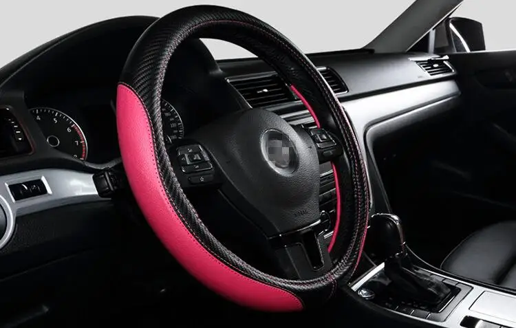 black red Чехол на руль из углеродистой кожи, черный, синий, чехлы на руль автомобиля, чехол на руль, универсальный размер M, 38 см, автомобильные аксессуары - Название цвета: black red