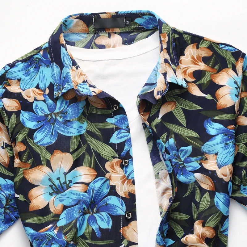 LONMMY плюс размер 6XL мужские рубашки с коротким рукавом Цветы camisas Повседневная