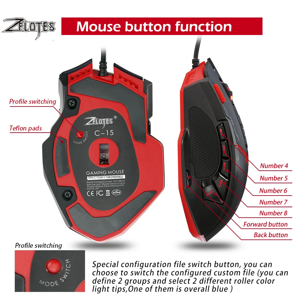 Zelotes C15 компьютерная мышь, ручная игровая мышь 7000 dpi, 13 программируемых кнопок, настройка веса, игровая мышь