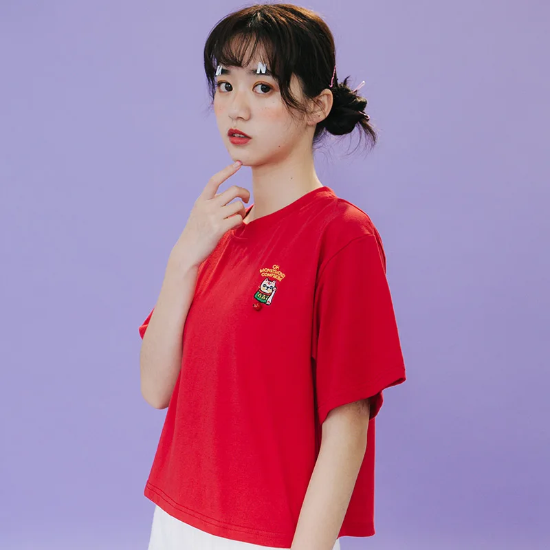 2018 Летняя женская футболка короткая красный белый женский оригинальный дизайн