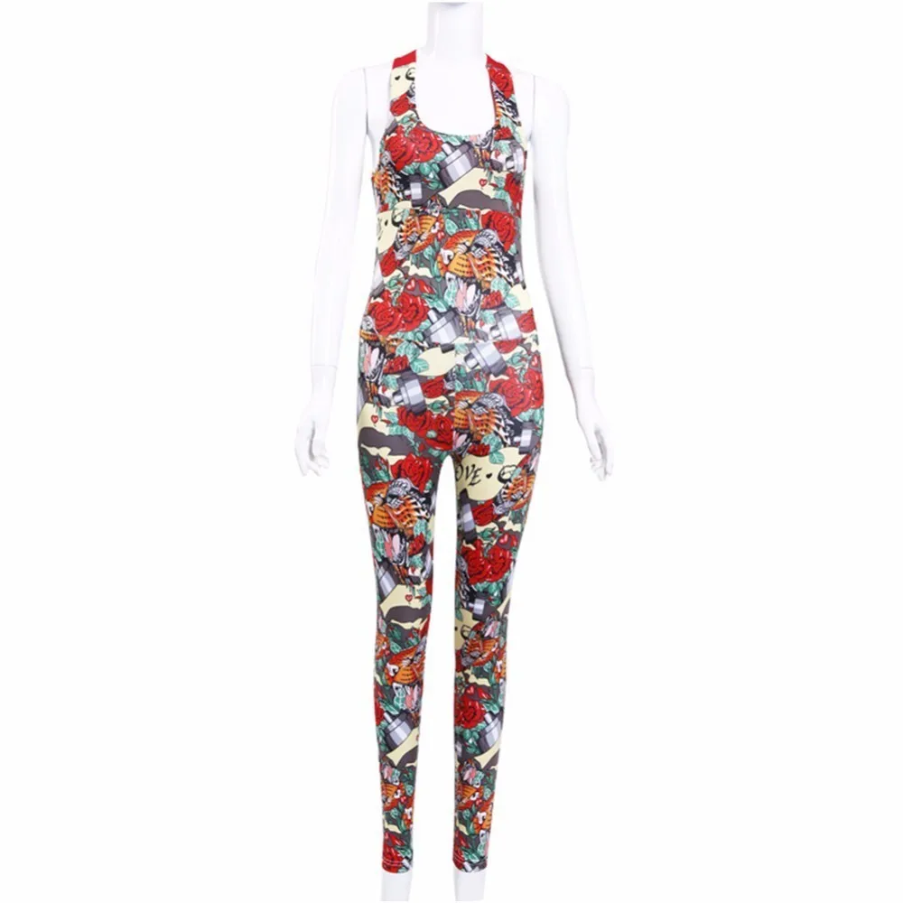 

Print Patchwork Fitness Jumpsuit Women Cross Strap Back Sleeveless Backless Yoga Sets Skinny Slim Rompers Catsuit