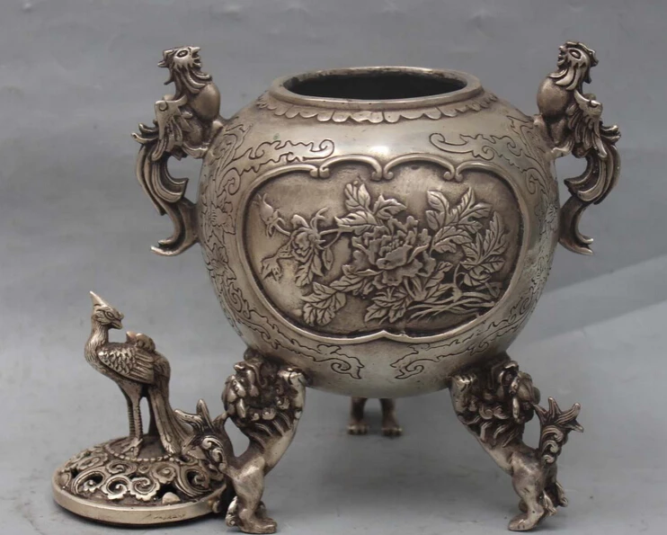 9&quot Marked Chinese Silver Lucky Animal Phoenix Lion PiXiu Incense Burner censer |