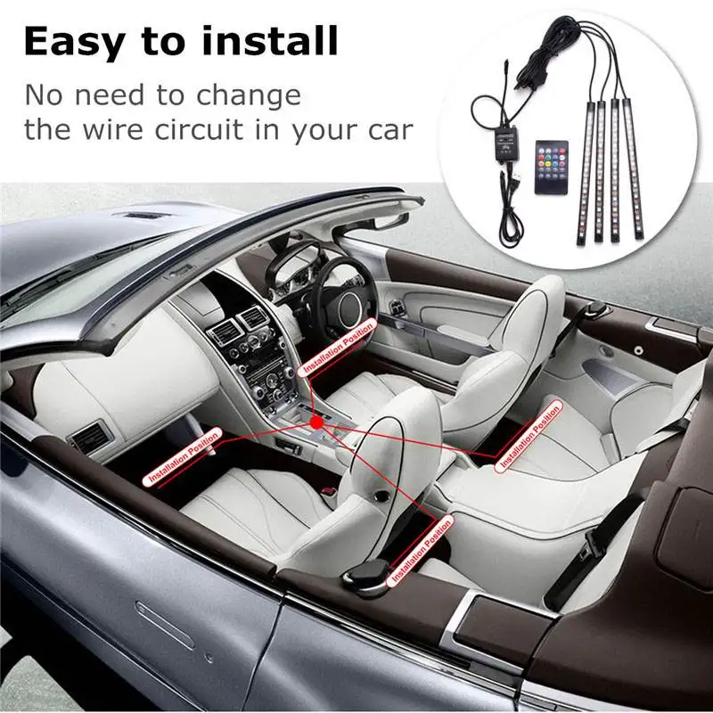 4шт светодиодная полоса автомобиля USB / прикуриватель интерфейс APP дистанционное голосовое управление. Многоцветная атмосфера включена.