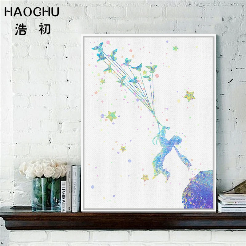 

HAOCHU Modern Original Watercolor Little Prince Wall Picture Starry Star Landscape Decorative Painting for Kids Nursery Rooms