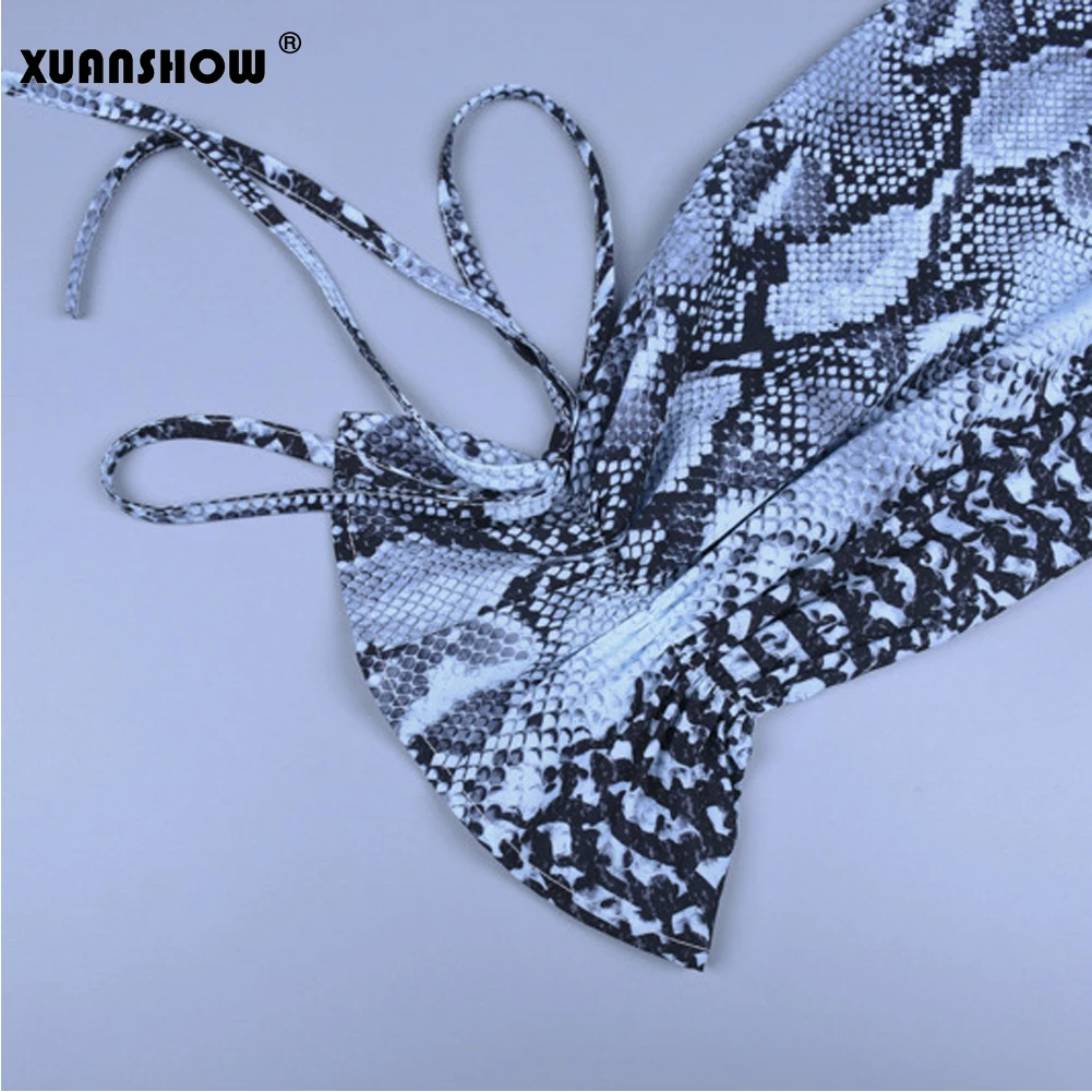 

XUANSHOW Blusas Mujer De Moda 2019 Modis Flare Sleeve V Neck Ruffles Women's Blouse Snake Print Chiffon Lace Up Tee Shirt Femme
