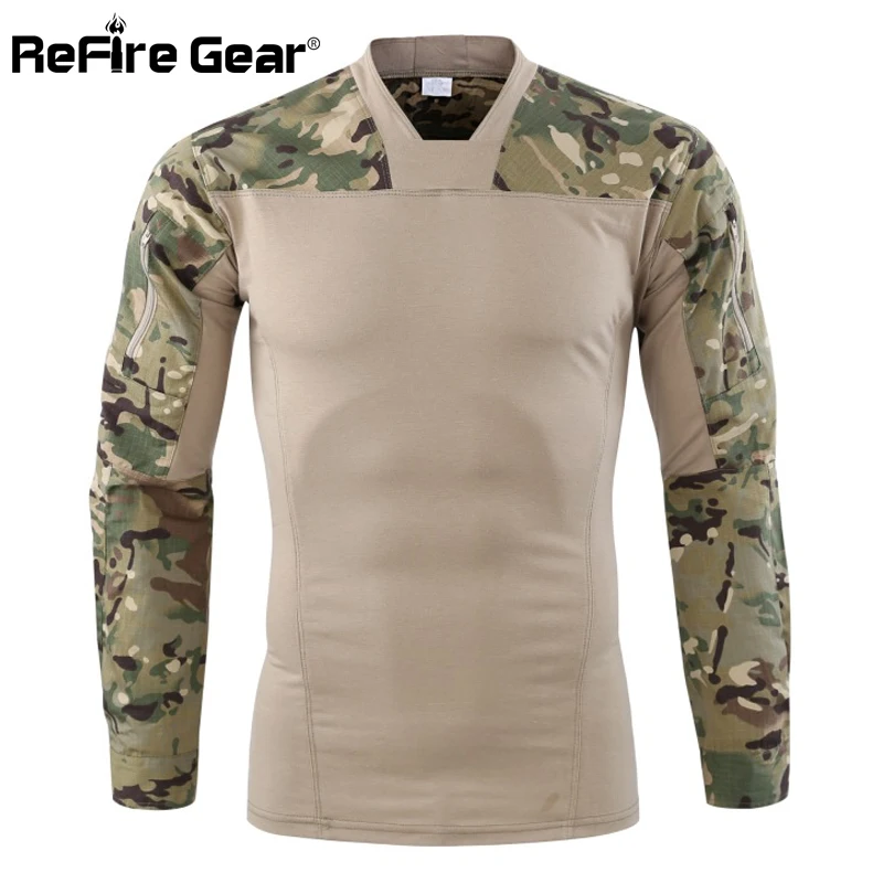 

ReFire Gear Camouflage Army Tactical T shirt Men Long Sleeve Military Combat T-Shirt Stretch Cotton Camo Airsoft Paintball Shirt