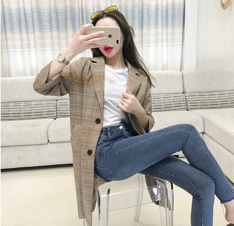 ALPHALMODA осенние женские винтажные клетчатые костюмы с рукавами, однобортный Женский Повседневный тонкий костюм - Цвет: Шампанское