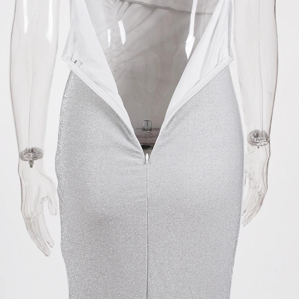 Вечернее блестящее платье макси без рукавов с v образным вырезом и открытой