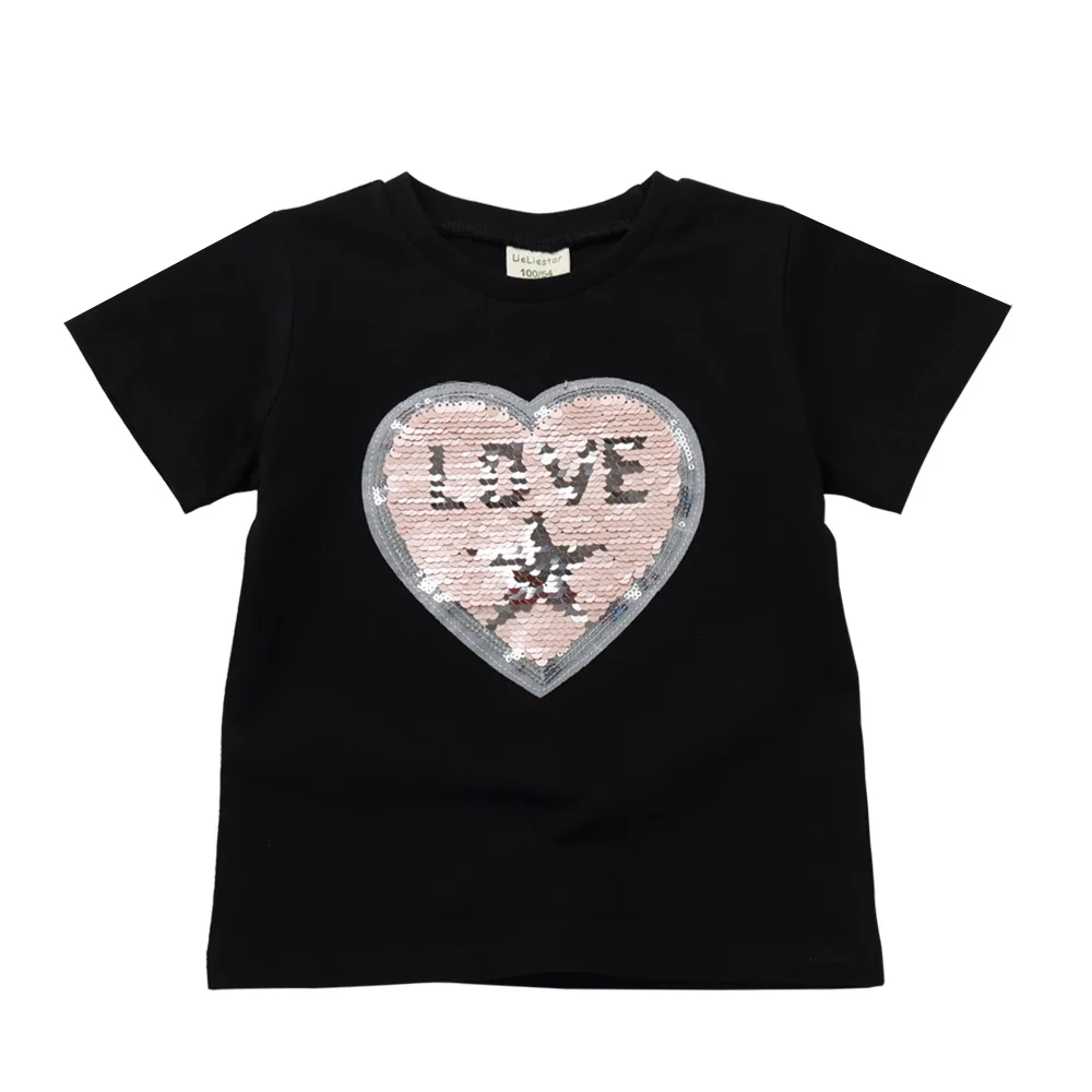 Love Heart Magic Discoloration Sequins Children T-shirt Boy Girls Short Sleeve Sequin Reversible T shirt Baby Cotton Tops | Детская