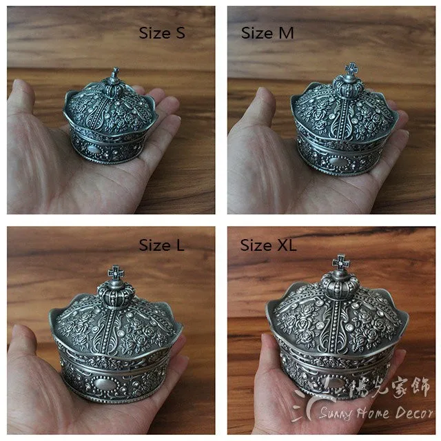 

New Fashion Jewelry Case 4 Sizes Trinket Box Vintage Rose Flower Carved Crown Design with Stones Tin-alloy Metal Jewellery Box