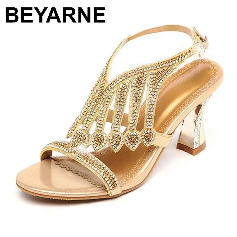 

BEYARNE Summer Style Gold Coloured High Heeled Sandals Rhinestone Wedding Shoes Diamond Buckle Women Qualities