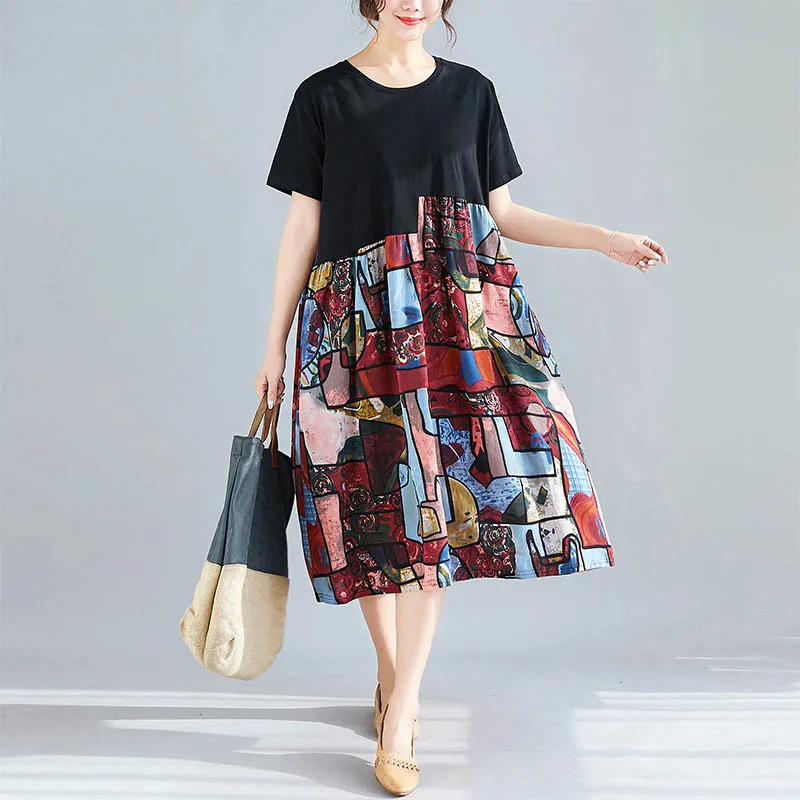 Летнее женское платье большого размера из хлопка и льна с круглым вырезом