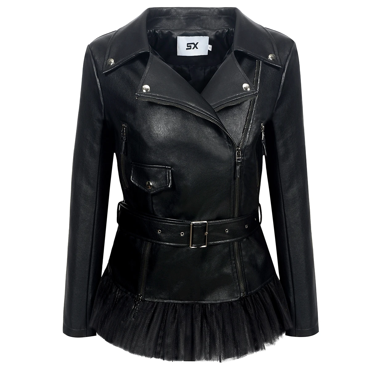 SX NEW Soft PU Faux leather Jacket Women Sashes Slim Lapel Lace zipping Beading Motocycle Coats