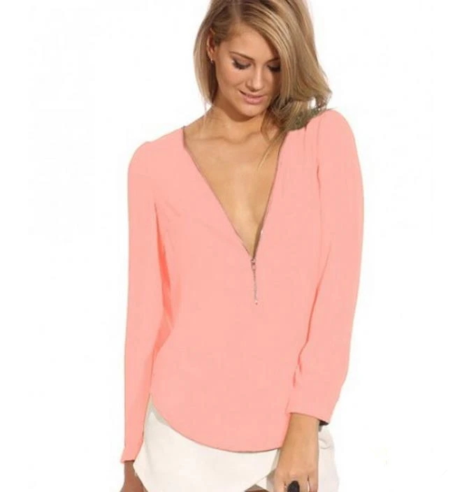 S013 Pink CHSDCSI шифоновые блузки с глубоким v-образным вырезом сексуальные рубашки для женщин на молнии с длинным рукавом на молнии Рабочая Одежда Blusas Femininas Топы женские блузки - Цвет: S013 Pink