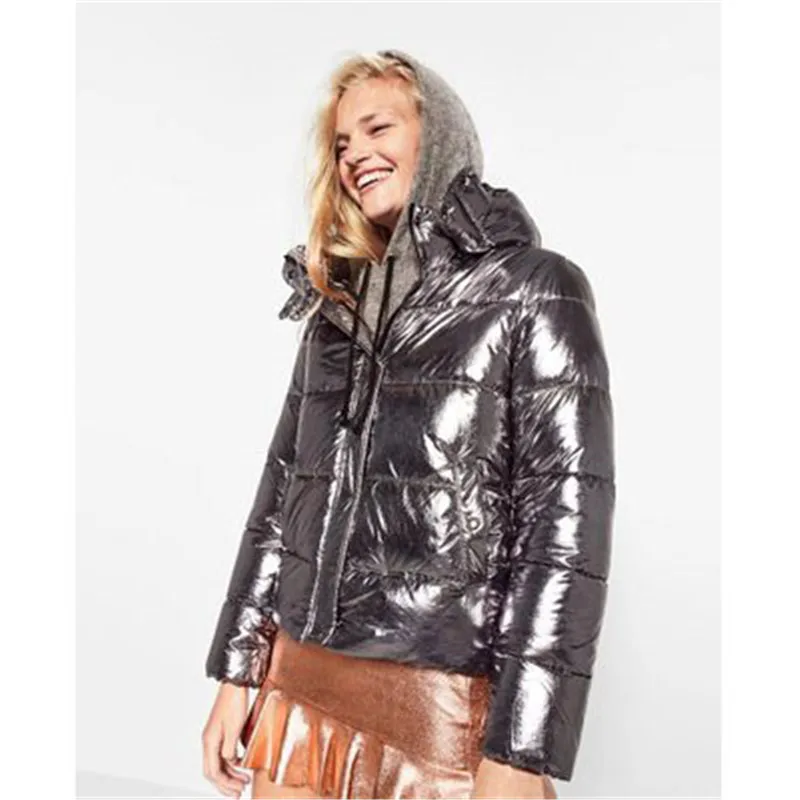 2018 модная новинка Женская Серебряная на молнии с капюшоном хлопковая стеганая