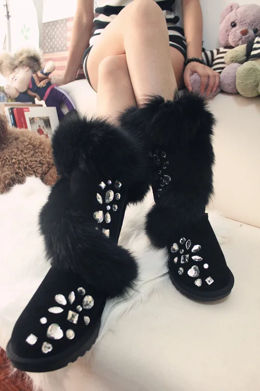 Зимние кожаные ботинки ручной работы на лисьем меху Роскошные зимние со стразами