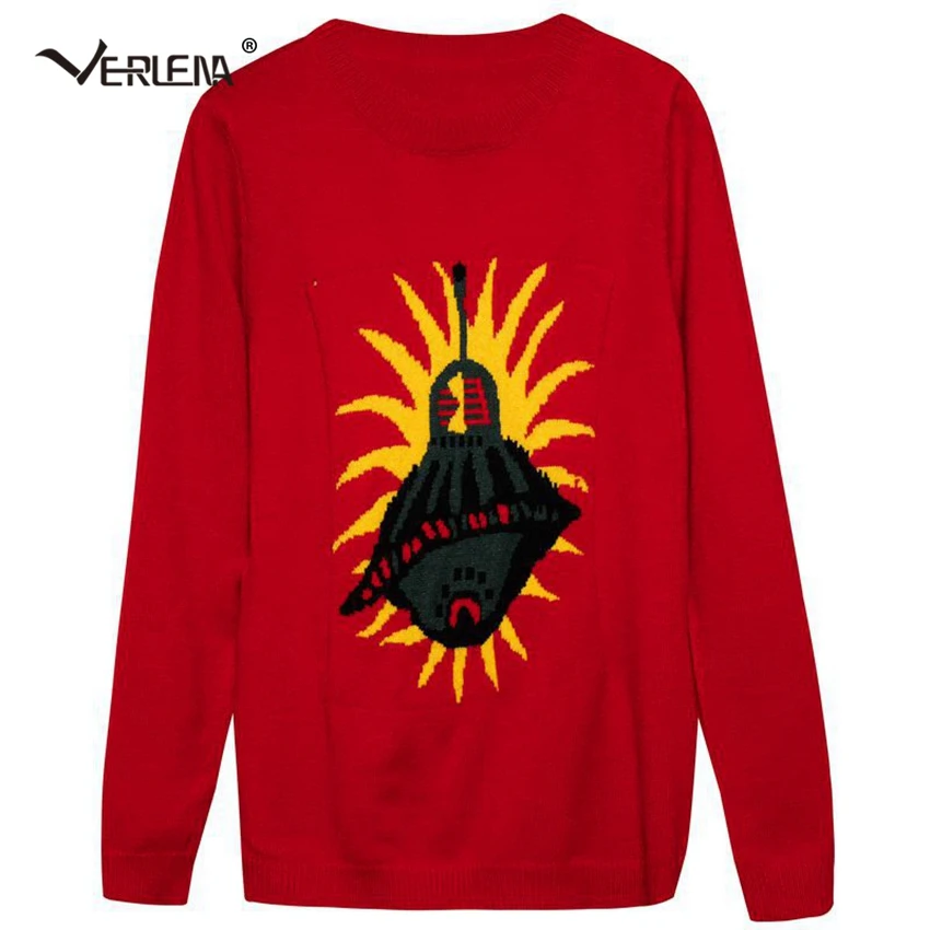2018 Verlena Winter Knitted Cashmere Sweater UFO Print Jumper Long Sleeve O-Neck Casual Women Sweaters and Pullovers Pull Femme | Женская