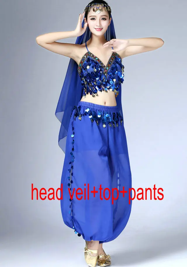 Veil Top Pants Костюм для танца живота с блестками для девочек топ бюстгальтер на бретельках с завязкой вуаль Женская Клубная одежда костюм комплект фестиваль Болливуд Восточный танец наряд - Цвет: Veil Top Pants