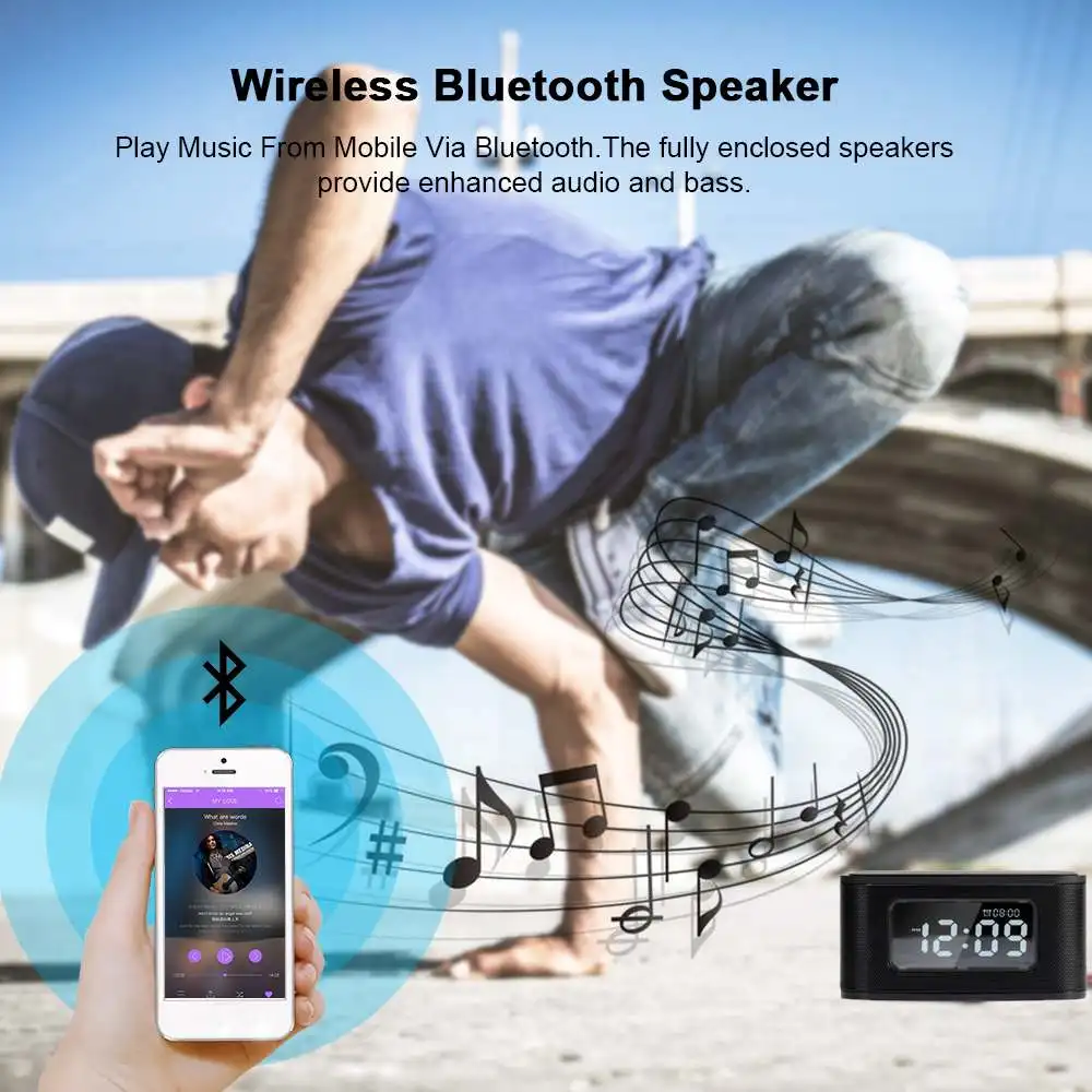 Bluetooth колонка/Беспроводное зарядное устройство/FM радио/будильник/USB порт