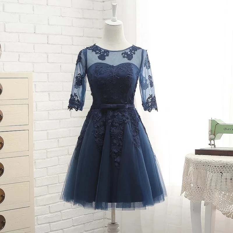 Navy Blue Платье длиной до середины икры с коротким рукавом трапециевидной формы из тюля, кружевное короткое вечернее платье, женское вечернее платье, элегантное простое платье хорошего качества DR02S - Цвет: Navy Blue
