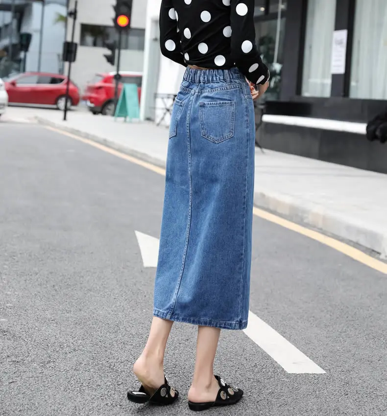 Women Plus Size Front Split Office Lady Straight Denim Skirts 7Xl 8Xl Spring Summer Mid Long Jeans Skirts Mid-Calf Mom Jeans