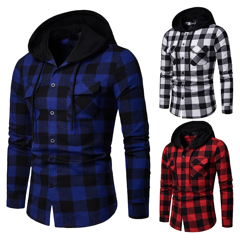 Fashion Buffalo Plaid Shirt Men 2019 Brand New Casual Grid Check Pattern Hooded Dress Shirts Mens Slim Fit Long Sleeve Chemise | Мужская