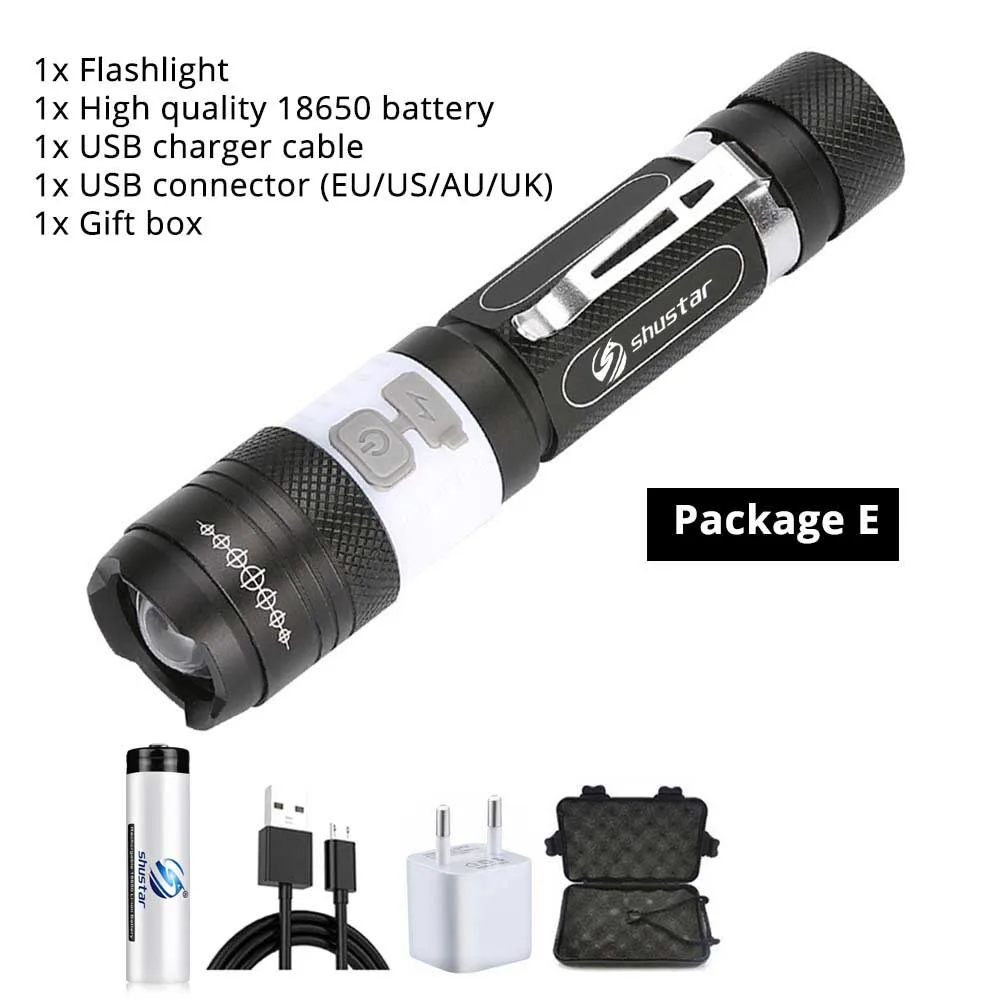 Package E Светодиодный фонарик с зарядкой от USB, супер яркий, водонепроницаемый, Sidelight, 6 режимов, многофункциональный фонарь, поддержка зума, аккумулятор 18650 - Испускаемый цвет: Package E