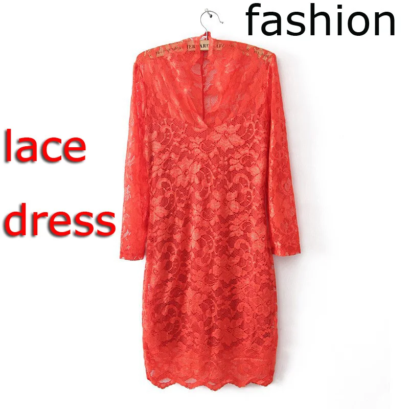 New Fashion Casual V-Neck Lace Dress Leisure Bodycon Seven Quarter Sleeve Knee-Length Sexy Cheap Clothes China plus size | Женская