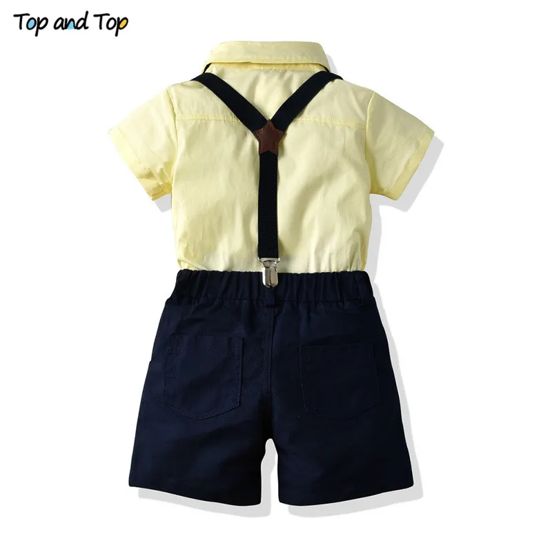 Top and Kids Baby Boys Clothing Set Summer Cotton Children Casual Outfits Short Sleeve Bowtie Shirt Tops+Suspender Shorts |