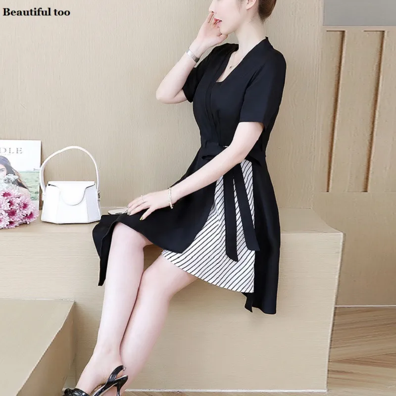 Плюс размер женское летнее платье в стиле пэчворк элегантное офисное дамское