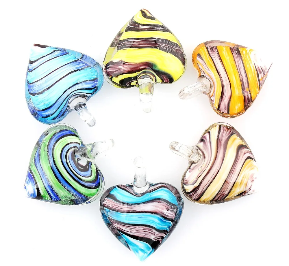 Wholesale 6pcs handmade Murano Lampwork Glass Mix Color Stripe Heart Pendant Fit Necklace Hot Jewelry gift p0046 | Украшения и