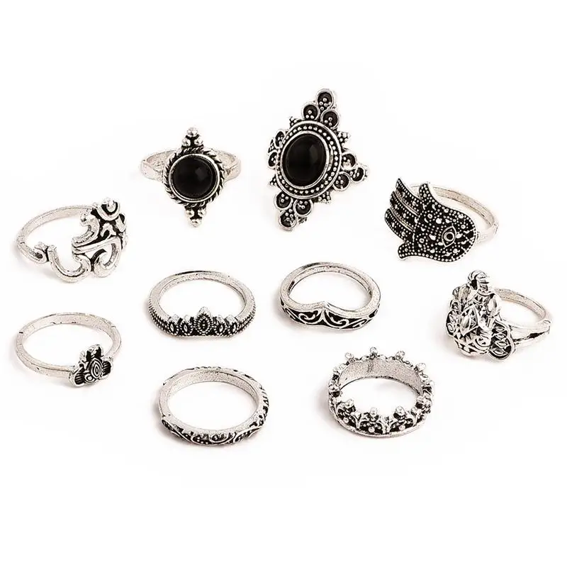 10 Pcs/Set Bohemian Engraving Fatima Palm Elephant OM Crown Flower Gem Ring Set Women Personality Birthday Jewelry | Украшения и