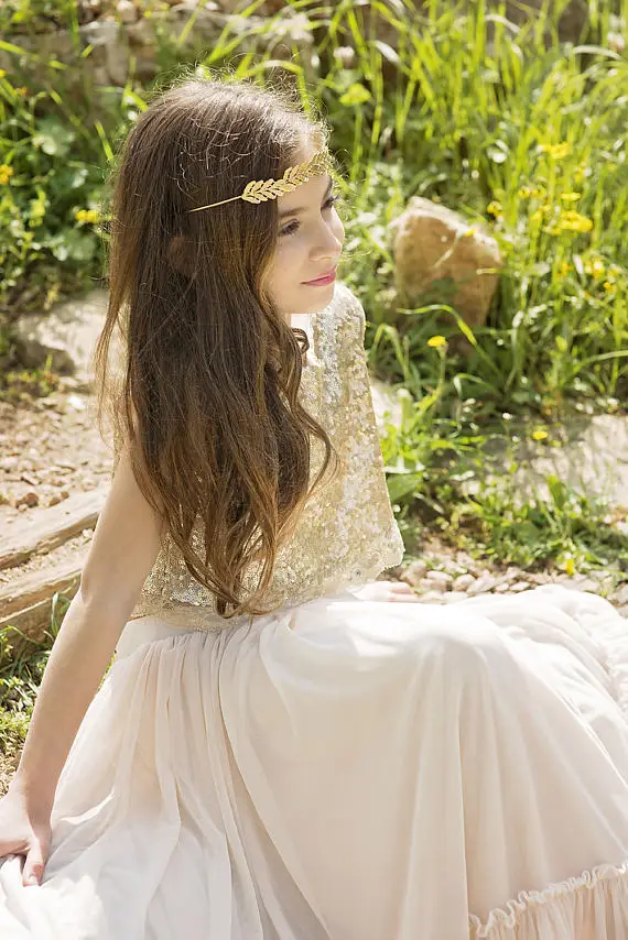 Champagne Tulle Gold Top Sequins Boho-chic Flower Girl Dress Junior Dress Girls Pageant Gown Custom Any Size