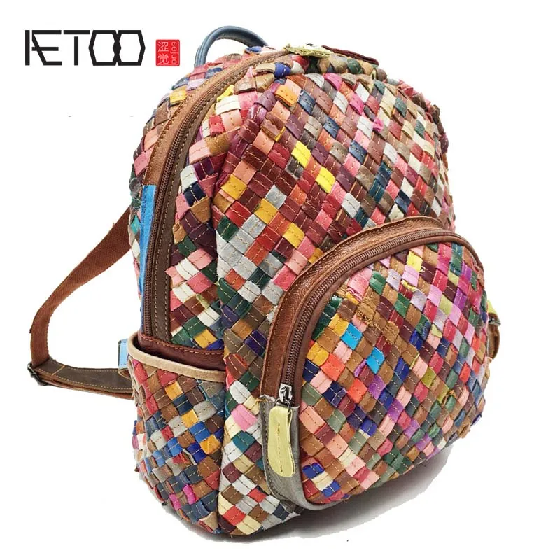 AETOO 2018 Новый Модный женский кожаный рюкзак Красочные Овчины Кожаные плетеные