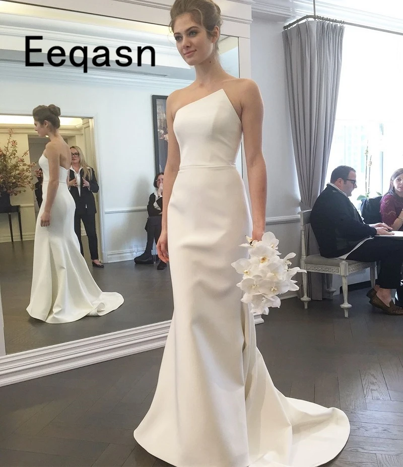 

White Satin Simple Mermaid Wedding Dresses Off the Shoulder Cheap Wedding Gowns Elegant Bridal Dresses vestidos de novia 2020