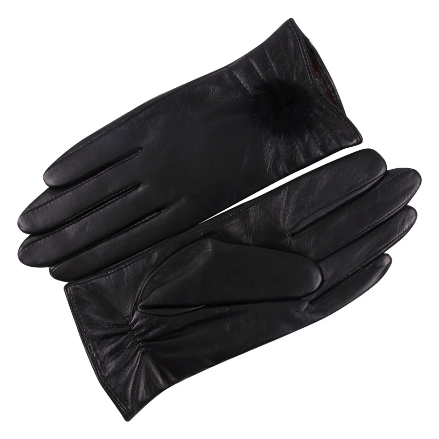 Кожаные перчатки женские осенне зимние милые корейские теплые для вождения с