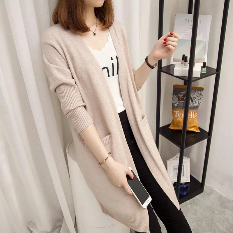 Женский длинный кардиган сезон весна-осень 2018 Модный трикотажный с длинным