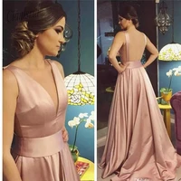 sexy deep v neck a line prom dresses rose gold backless court train long special occasion party gowns simple evening dress